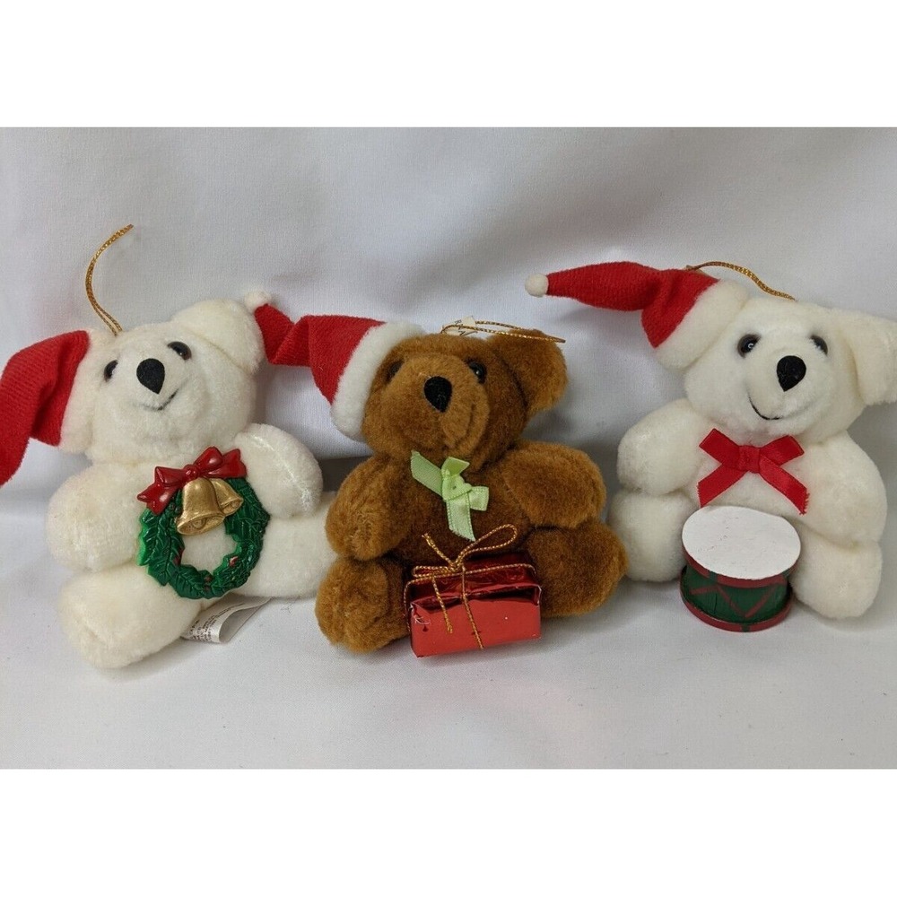 Applause Christmas Bear Ornament Cubby Plush Lot 4 Inch White Brown Lot of 3‎